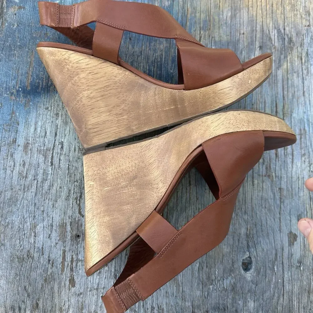Diane Von Furstenberg Camel Wood Wedge Crossover Heels Women’s 9.5 - 999